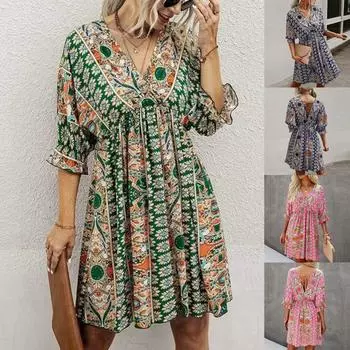 Модное женское повседневное платье с v-образным вырезом и коротким рукавом с высокой талией, сексуальный пуловер с принтом, темпераментное платье XXL зелёный