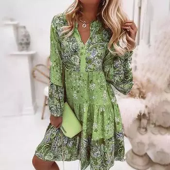 Модное женское повседневное платье с v-образным вырезом и длинным рукавом с высокой талией и принтом XL зелёный