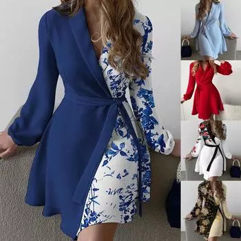 Модное женское повседневное платье с V-образным вырезом и длинным рукавом с поясом S белый