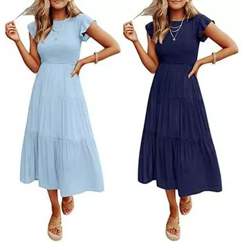Модное женское повседневное платье средней длины в стиле бохо, длинное платье трапециевидной формы с рукавами-бабочками S светло-синий