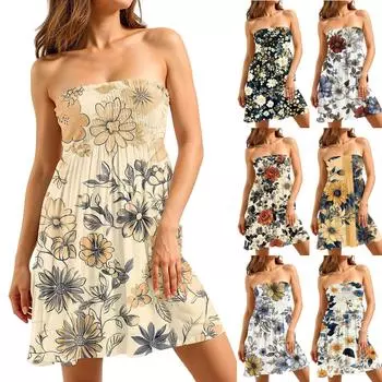 Модное женское повседневное платье-труба без рукавов с цветочным принтом L бежевый