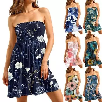 Модное женское повседневное платье-труба без рукавов с цветочным принтом S синий