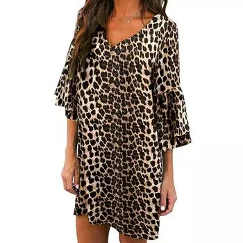 Модное женское повседневное пляжное платье с v-образным вырезом и половиной расклешенных рукавов с леопардовым принтом L кофейный