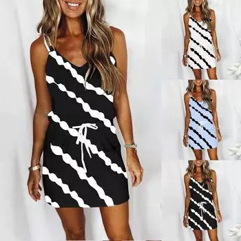 Модное женское повседневное полосатое платье без рукавов с завязками на шнуровке и бретельками L чёрный