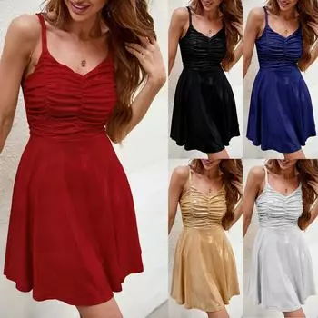 Модное женское повседневное сплошное цветное сексуальное плиссированное бронзовое платье на бретельках с короткой юбкой M хаки