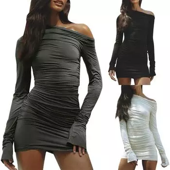 Модное женское повседневное сплошное цветное сексуальное плиссированное платье с длинными рукавами и круглым вырезом L чёрный