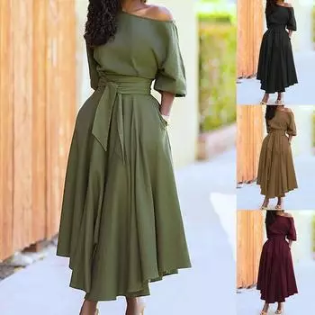 Модное женское повседневное свободное длинное платье с коротким рукавом и косым галстуком на плечах XL чёрный