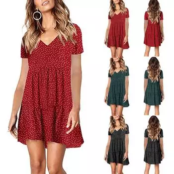 Модное женское повседневное свободное мини-платье с коротким рукавом и v-образным вырезом с принтом L чёрный