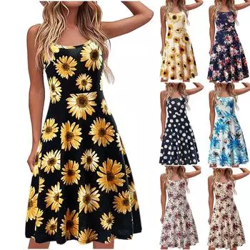 Модное женское повседневное свободное платье без рукавов с открытой спиной и принтом S синий