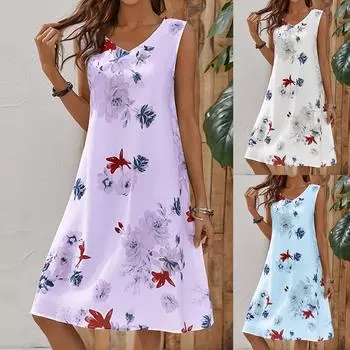 Модное женское повседневное свободное платье без рукавов с v-образным вырезом и принтом средней длины L