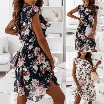 Модное женское повседневное свободное платье с круглым вырезом и рукавом-бабочкой, платье с цветочным принтом M чёрный