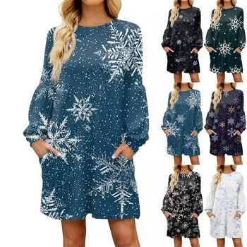 Модное женское повседневное свободное платье с длинным рукавом и принтом снежинки L чёрный