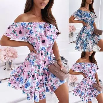 Модное женское повседневное свободное платье с рюшами и коротким рукавом с принтом и наклонными плечами M розовый