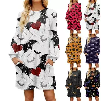 Модное женское повседневное свободное платье с длинным рукавом и принтом на Хэллоуин XL белый
