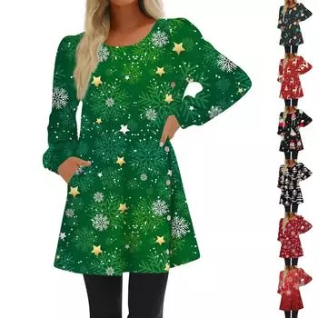 Модное женское повседневное свободное платье с круглым вырезом и рождественским принтом на пуговицах с длинным рукавом M чёрный