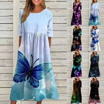 Модное женское повседневное свободное платье с круглым вырезом и модным принтом, пуловер с коротким рукавом XL синий