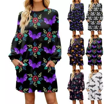 Модное женское повседневное свободное платье с длинным рукавом и принтом на Хэллоуин M тёмно-синий