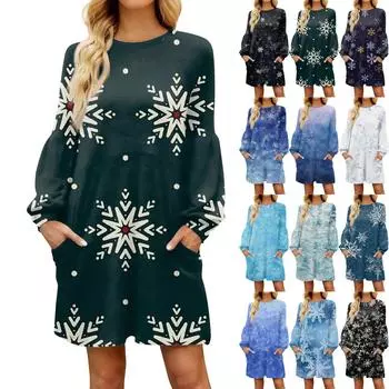 Модное женское повседневное свободное платье с длинным рукавом и принтом снежинки L