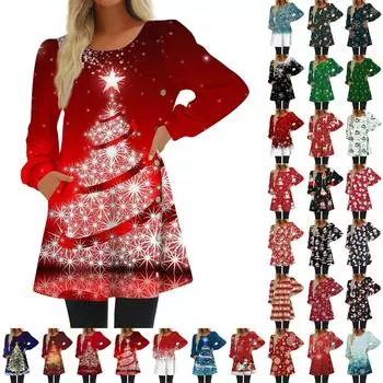 Модное женское повседневное свободное платье с круглым вырезом и рождественским принтом на пуговицах с длинным рукавом XXXL синий