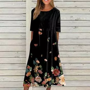 Модное женское повседневное свободное платье с круглым вырезом и модным принтом, пуловер с коротким рукавом XXXL чёрный
