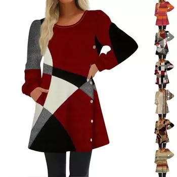 Модное женское повседневное свободное платье с круглым вырезом и пуговицами с длинным рукавом XXXL