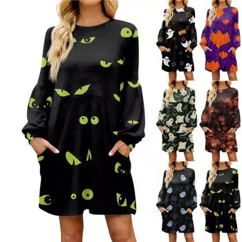 Модное женское повседневное свободное платье с длинным рукавом и принтом на Хэллоуин M