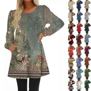 Модное женское повседневное свободное платье с круглым вырезом и пуговицами с длинным рукавом L циан