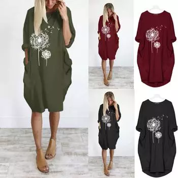 Модное женское повседневное свободное пуловерное платье с принтом и круглым галстуком с карманом M чёрный