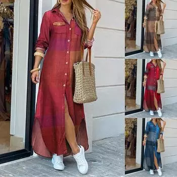 Модное женское повседневное свободное сексуальное платье с длинным рукавом и карманом на пуговицах L синий