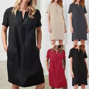 Модное женское повседневное свободное сексуальное сплошное платье из хлопка и льна с коротким рукавом XXXXL бежевый