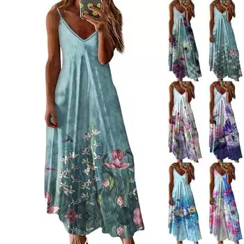 Модное женское повседневное тонкое платье без рукавов с принтом и пуловером XXL синий