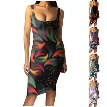 Модное женское повседневное тонкое платье без рукавов с принтом и пуловером M тёмно-синий