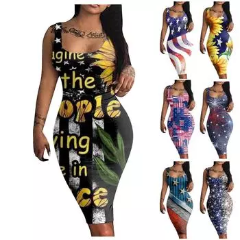 Модное женское повседневное тонкое платье без рукавов с принтом и пуловером S чёрный