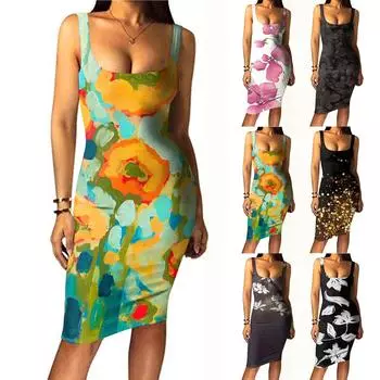 Модное женское повседневное тонкое платье без рукавов с принтом и пуловером XL розовый