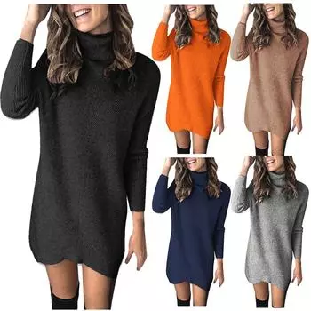 Модное женское повседневное трикотажное платье-свитер с длинными рукавами и лацканами, пуловер L чёрный