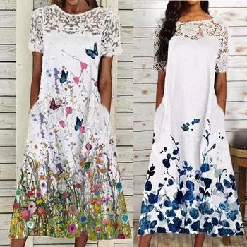 Модное женское повседневное весенне-летнее платье с круглым вырезом и коротким рукавом с кружевным принтом XXL зелёный