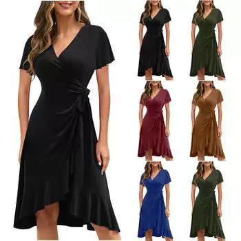 Модное женское повседневное весеннее и летнее платье с разрезом и v-образным вырезом и короткими рукавами L армия зеленый