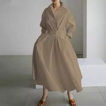 Модное женское повседневное винтажное свободное платье с круглым вырезом и коротким рукавом L хаки