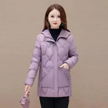 Модное женское пуховое пальто средней длины 2023, новое зимнее толстое теплое модное пальто с капюшоном XL фиолетовый