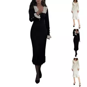 Модное женское ретро-платье с французской юбкой и оборками из трикотажного свитера L чёрный