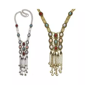 Модное женское серебряное позолоченное ожерелье в стиле бохо с бирюзовой бусиной и длинной кисточкой золотой