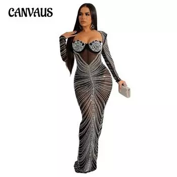 Модное женское сетчатое прозрачное длинное платье с длинными рукавами S чёрный