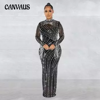 Модное женское сетчатое прозрачное платье с длинными рукавами и бриллиантами на подкладке, комплект из двух предметов S чёрный