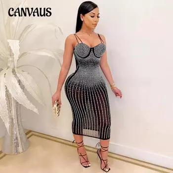 Модное женское сетчатое прозрачное платье с лямкой на шее со стразами для вечеринки и ночного клуба S чёрный