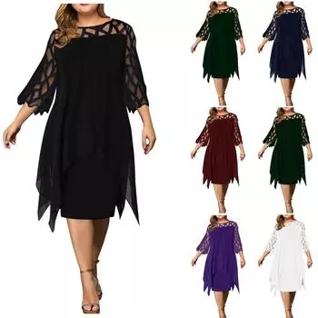 Модное женское сетчатое шифоновое ажурное двойное шифоновое платье больших размеров с рукавами 3/4 и рваным подолом L чёрный