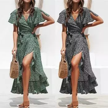 Модное женское сексуальное длинное платье с v-образным вырезом и оборками и цветочным принтом L чёрный