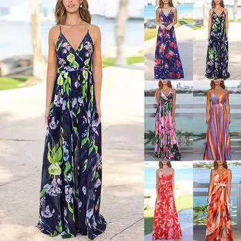 Модное женское сексуальное длинное платье с цветочным принтом и модным тонким тонким платьем больших размеров M синий
