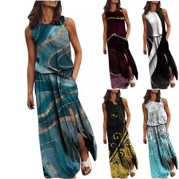 Модное женское сексуальное летнее повседневное платье без рукавов с круглым вырезом и принтом вилки L чёрный