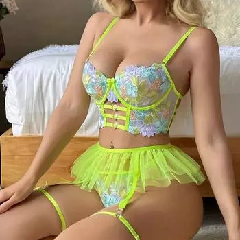 Модное женское сексуальное нижнее белье, милый бюстгальтер, кружевная пижама с открытой спиной и подвязками, комплект нижнего белья с Т-стрингами L
