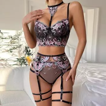 Модное женское сексуальное нижнее белье, милый бюстгальтер, кружевная пижама с открытой спиной и подвязками, комплект нижнего белья с Т-стрингами L